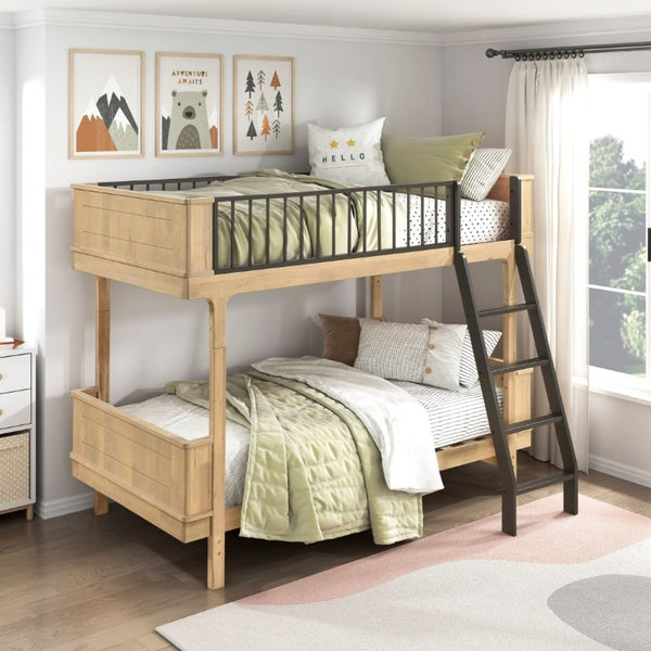 English Elm Unique Twin Over Bunk Bed Wooden Frame Two Tone Youth Bedroom with Guard Rails B011S02748