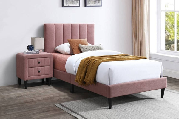 English Elm Full Upholstered Bedroom Set Channel Tufted Linen Bed with Adjustable Headboard Nightstands Pink B011S02750