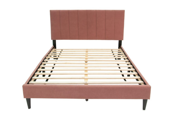 English Elm Full Upholstered Bedroom Set Channel Tufted Linen Bed with Adjustable Headboard Nightstands Pink B011S02750
