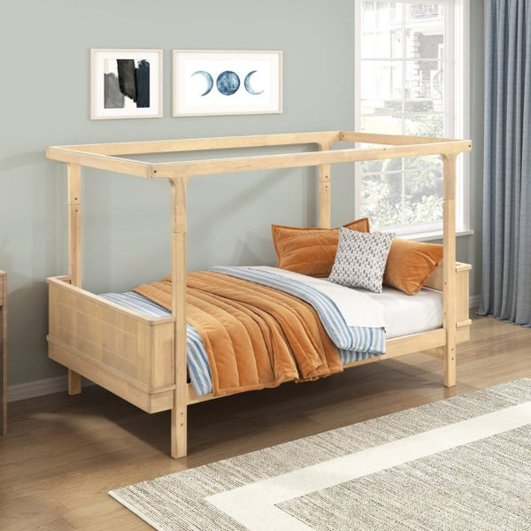 English Elm Rustic Industrial Twin Canopy Bed Milk Oak Wood Four Poster Frame Youth Bedroom B011S02751