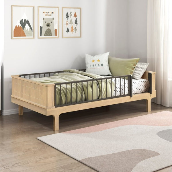 English Elm Rustic Twin Platform Bed with Guard Rails Two-Tone Oak Wood Industrial Frame B011S02753