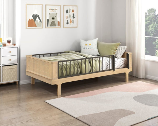 English Elm Rustic Twin Platform Bed with Guard Rails Two-Tone Oak Wood Industrial Frame B011S02753