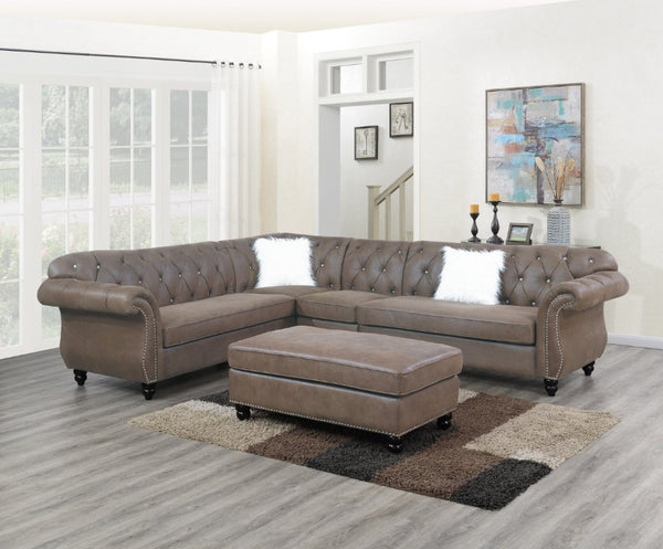 English Elm Living Room L-Shaped Leatherette Sectional with Diamond Tufting and Brass Stud Accents B011S02754