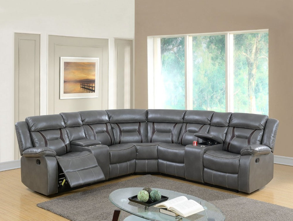 English Elm Contemporary Reclining Sectional Sofa in Gel Leatherette with Cup Holder Lounge Set Grey B011S02755