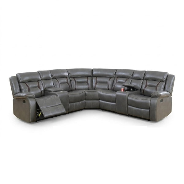 English Elm Contemporary Reclining Sectional Sofa in Gel Leatherette with Cup Holder Lounge Set Grey B011S02755