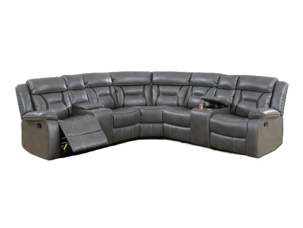 English Elm Contemporary Reclining Sectional Sofa in Gel Leatherette with Cup Holder Lounge Set Grey B011S02755