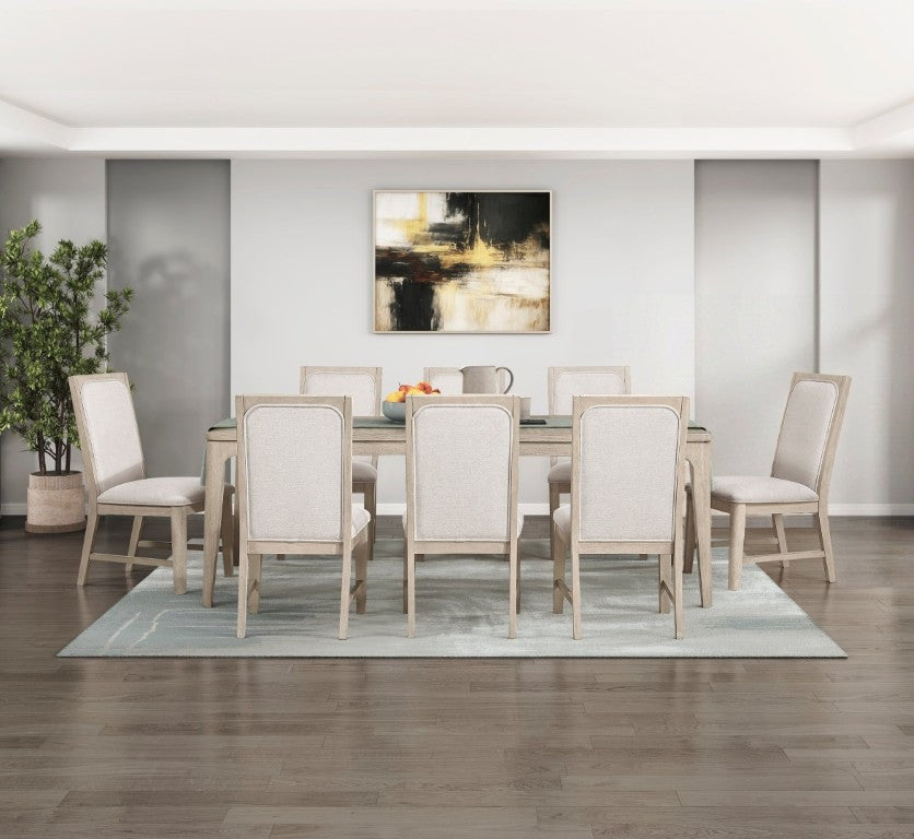English Elm Modern Oak Veneer Extendable Dining Set with Eight Upholstered Chairs for Nine B011S02758