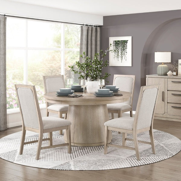 English Elm Modern Transitional Round Pedestal Dining Set Oak Veneer Table Four Beige Chairs B011S02759