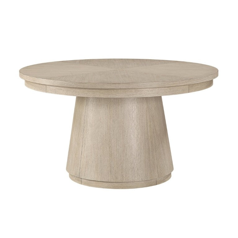 English Elm Modern Transitional Round Pedestal Dining Set Oak Veneer Table Four Beige Chairs B011S02759