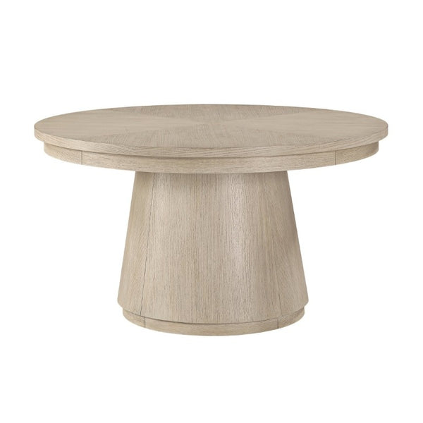 English Elm Modern Transitional Round Pedestal Dining Set Oak Veneer Table Four Beige Chairs B011S02759