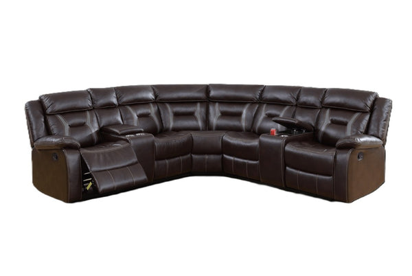 English Elm Contemporary Reclining Sectional Sofa in Gel Leatherette with Cup Holder Lounge Set Dark Brown B011S02763