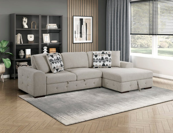 English Elm Taupe Chenille Sleeper Sectional with Storage Chaise Tufted Cushions Solid Wood Legs Right Chaise B011S02766
