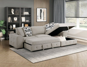 English Elm Taupe Chenille Sleeper Sectional with Storage Chaise Tufted Cushions Solid Wood Legs Right Chaise B011S02766