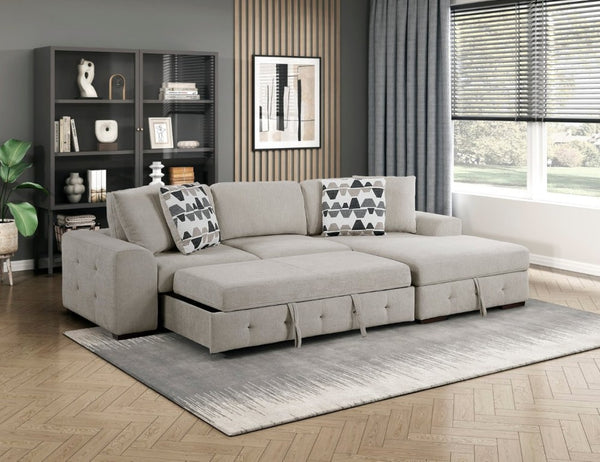 English Elm Taupe Chenille Sleeper Sectional with Storage Chaise Tufted Cushions Solid Wood Legs Right Chaise B011S02766