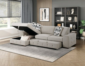 English Elm Taupe Chenille Sleeper Sectional with Storage Chaise Tufted Cushions Solid Wood Legs Left Chaise B011S02767