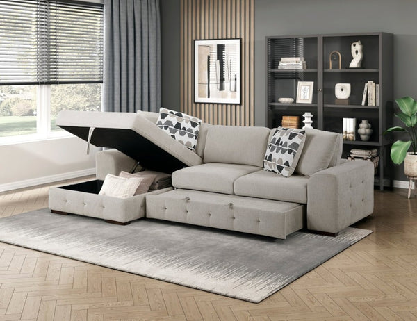 English Elm Taupe Chenille Sleeper Sectional with Storage Chaise Tufted Cushions Solid Wood Legs Left Chaise B011S02767