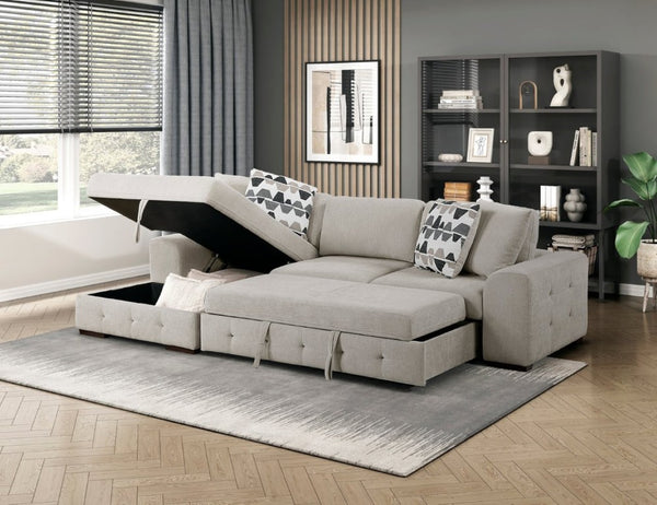 English Elm Taupe Chenille Sleeper Sectional with Storage Chaise Tufted Cushions Solid Wood Legs Left Chaise B011S02767