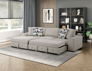 English Elm Taupe Chenille Sleeper Sectional with Storage Chaise Tufted Cushions Solid Wood Legs Left Chaise B011S02767