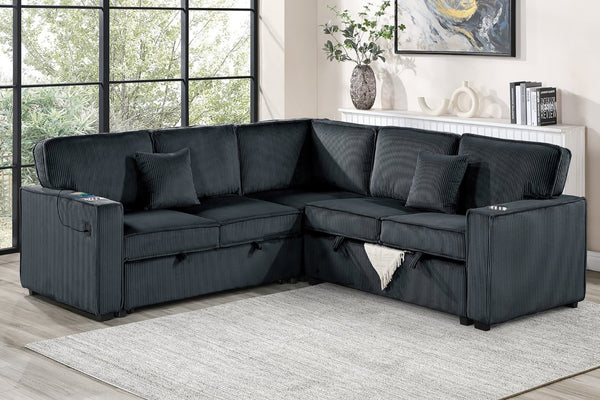 English Elm Contemporary Corduroy Sectional Sleeper Sofa with Storage USB Port and Accent Pillows B011S02776