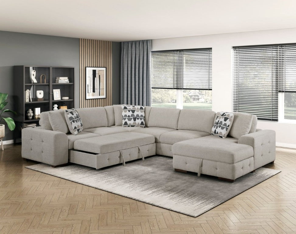 English Elm Modern Taupe Chenille Sectional Sofa with Sleeper Storage Tufted Cushions Living Room Right Chaise B011S02779