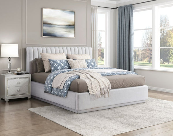 English Elm Luxurious Queen Bed Tall Channel Tufted Headboard Natural Fabric Platform Frame Bedroom B011S02782