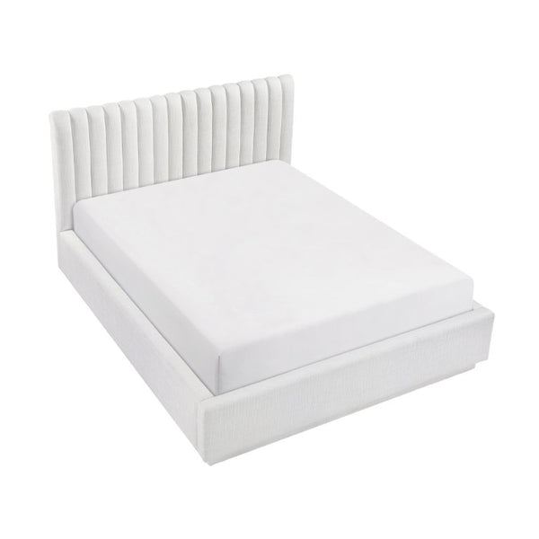 English Elm Luxurious Queen Bed Tall Channel Tufted Headboard Natural Fabric Platform Frame Bedroom B011S02782