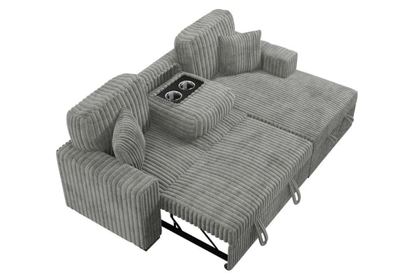 English Elm 2Pc Corduroy Sectional with Sleeper Bed Hidden Storage and Cup Holders for Living Room Smoke B011S02786