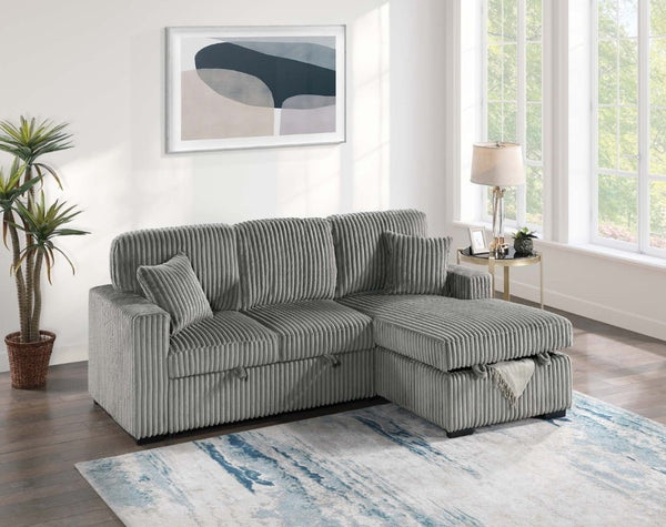 English Elm 2Pc Corduroy Sectional with Sleeper Bed Hidden Storage and Cup Holders for Living Room Smoke B011S02786