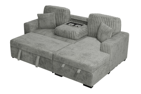 English Elm 2Pc Corduroy Sectional with Sleeper Bed Hidden Storage and Cup Holders for Living Room Smoke B011S02786