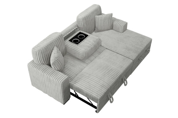 English Elm 2Pc Corduroy Sectional with Sleeper Bed Hidden Storage and Cup Holders for Living Room Grey Ash B011S02787
