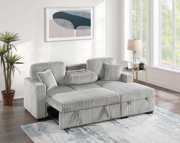 English Elm 2Pc Corduroy Sectional with Sleeper Bed Hidden Storage and Cup Holders for Living Room Grey Ash B011S02787