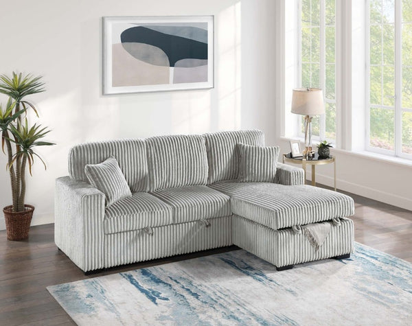 English Elm 2Pc Corduroy Sectional with Sleeper Bed Hidden Storage and Cup Holders for Living Room Grey Ash B011S02787
