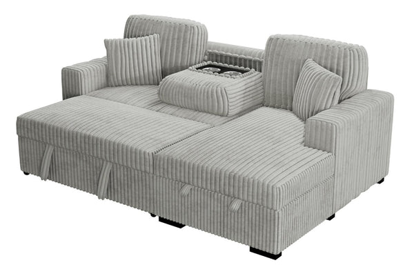 English Elm 2Pc Corduroy Sectional with Sleeper Bed Hidden Storage and Cup Holders for Living Room Grey Ash B011S02787