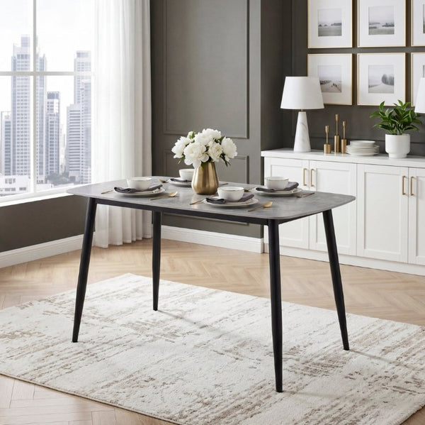 English Elm Contemporary Sintered Stone Dining Table Marble Look Top with Sleek Black Iron Legs B011S03591