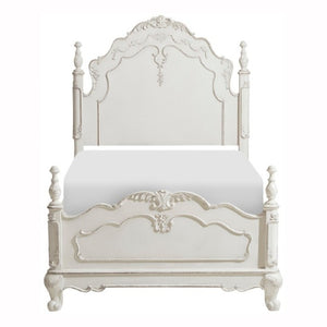 English Elm Victorian Antique White Twin Bed with Floral Carved Panels and Finial Corner Posts B011S03593