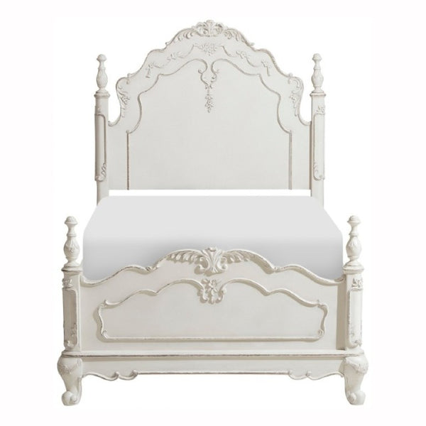 English Elm Victorian Antique White Twin Bed with Floral Carved Panels and Finial Corner Posts B011S03593