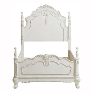 English Elm Victorian Antique White Twin Bed with Floral Carved Panels and Finial Corner Posts B011S03593