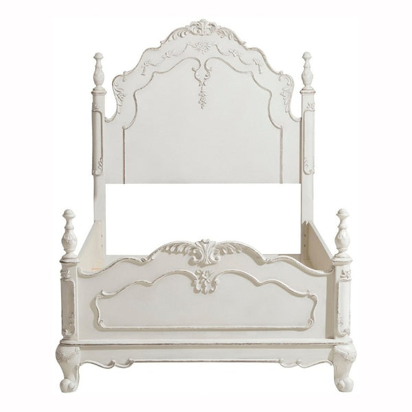 English Elm Victorian Antique White Twin Bed with Floral Carved Panels and Finial Corner Posts B011S03593