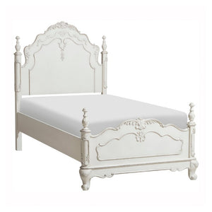 English Elm Victorian Antique White Twin Bed with Floral Carved Panels and Finial Corner Posts B011S03593