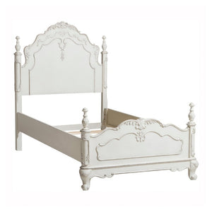 English Elm Victorian Antique White Twin Bed with Floral Carved Panels and Finial Corner Posts B011S03593