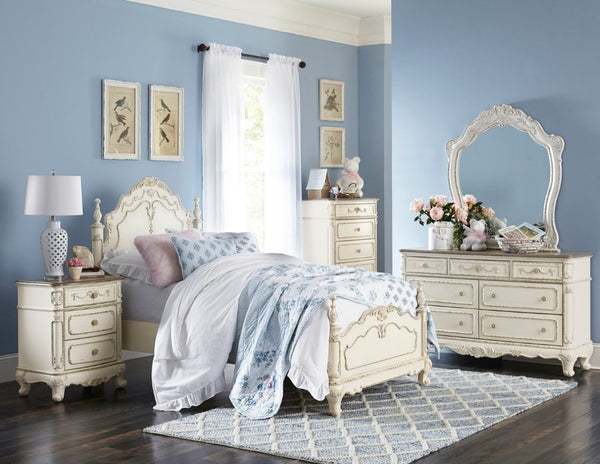 English Elm Victorian Antique White Twin Bed with Floral Carved Panels and Finial Corner Posts B011S03593