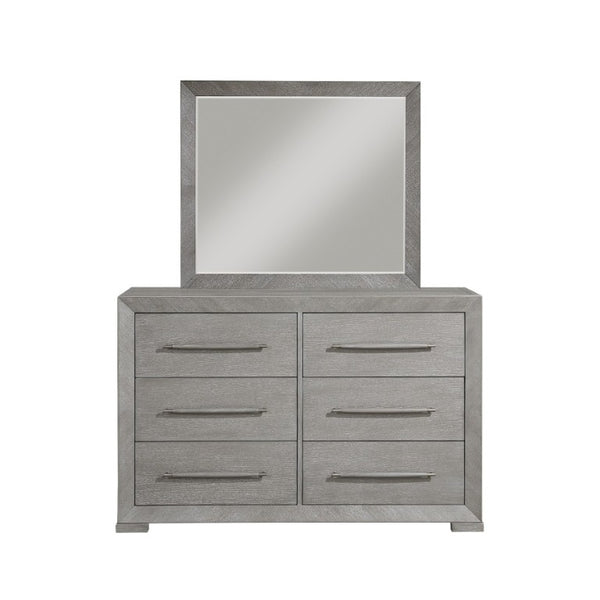 English Elm Stylish Gray Oak Veneer 6 Drawer Dresser with Mirror for Contemporary Bedrooms B011S03598
