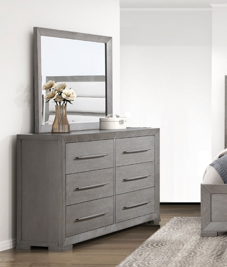 English Elm Stylish Gray Oak Veneer 6 Drawer Dresser with Mirror for Contemporary Bedrooms B011S03598