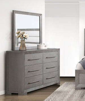 English Elm Stylish Gray Oak Veneer 6 Drawer Dresser with Mirror for Contemporary Bedrooms B011S03598