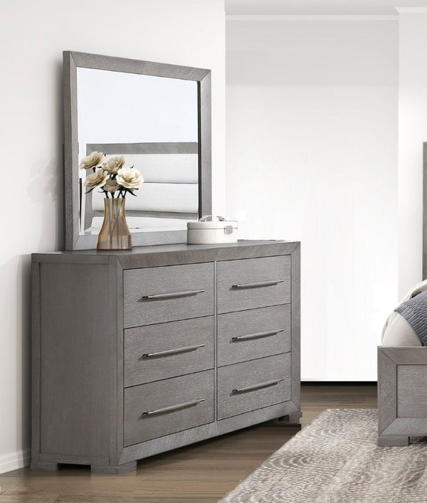English Elm Stylish Gray Oak Veneer 6 Drawer Dresser with Mirror for Contemporary Bedrooms B011S03598