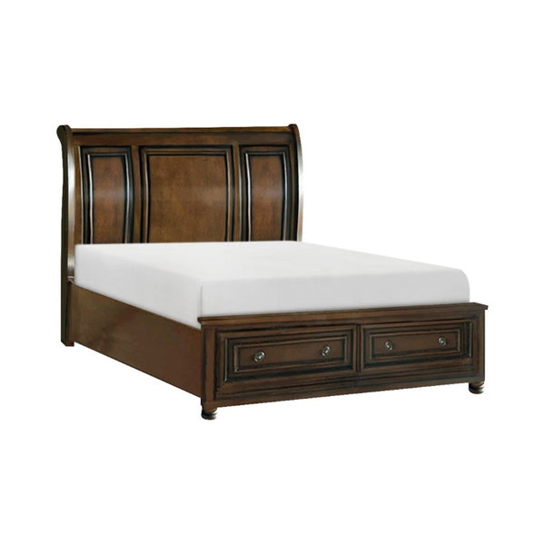 English Elm Brown Cherry Sleigh Queen Bed with Footboard Drawers Birch Hardwood Traditional Style B011S03599