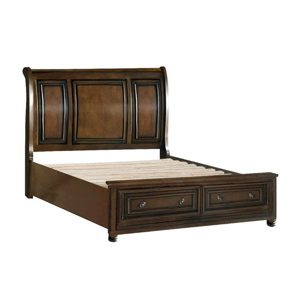 English Elm Brown Cherry Sleigh Queen Bed with Footboard Drawers Birch Hardwood Traditional Style B011S03599