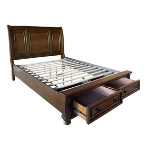 English Elm Brown Cherry Sleigh Queen Bed with Footboard Drawers Birch Hardwood Traditional Style B011S03599