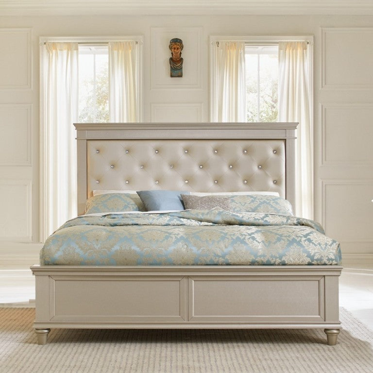 English Elm Modern Glam Queen Bed Pearlized Faux Leather Headboard with Crystal Tufting Silver Frame B011S03603