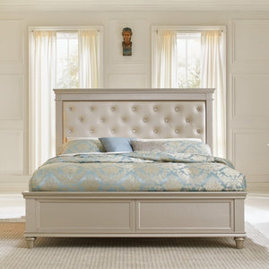 English Elm Modern Glam Queen Bed Pearlized Faux Leather Headboard with Crystal Tufting Silver Frame B011S03603